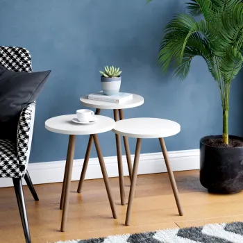 Set 3 masute decorative rotunde, cu picioare din lemn, stil scandinav, 3 inaltimi 41 / 45 / 49 cm imagine