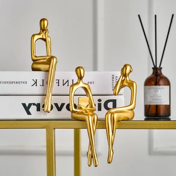 Set 3 statuete decorative aurii din rasina, siluete ganditoare Golden Muse imagine