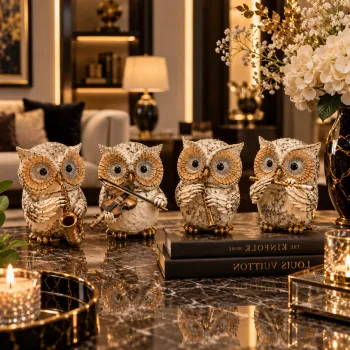 Set 4 Figurine Decorative Bufnite Muzicale - Design Elegant Alb-Crem cu Accente Aurii imagine