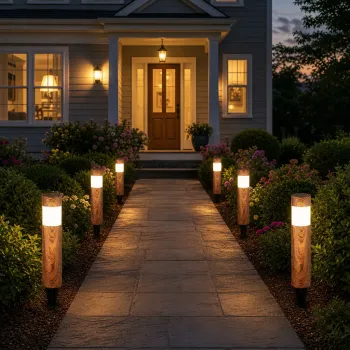 Set 4 Lampi Solare LED pentru Gradina si Alei Aspect Lemn Natural Aprindere Automata imagine
