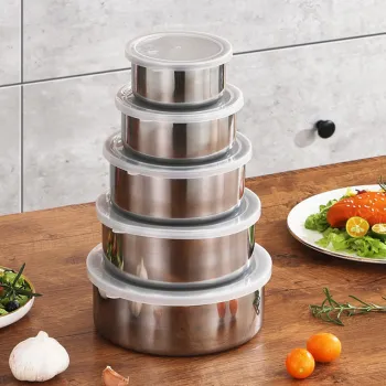 Set 5 Caserole Metalice cu Capac Plastic, Depozitare Alimente Inox, Diferite Dimensiuni, Bucatarie imagine