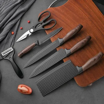 Set 6 piese, cutite si ustensile de bucatarie, 4 cutite cu lame negre texturate, foarfeca, curatator imagine