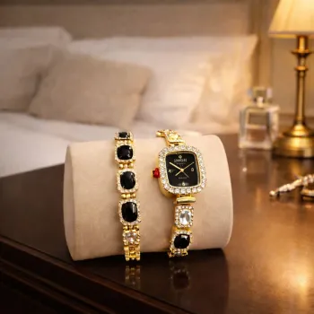 Set Ceas si Bratara Dama, Auriu cu Pietre Decorative imagine