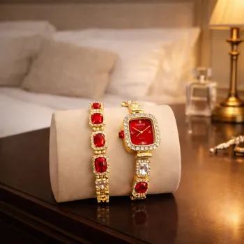 Set Ceas si Bratara Dama, Auriu cu Pietre Decorative imagine