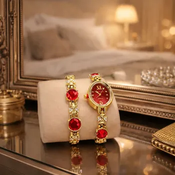 Set Ceas si Bratara pentru Dama, Finisaj Auriu cu Pietre Decorative, Elegant si Rafinat imagine