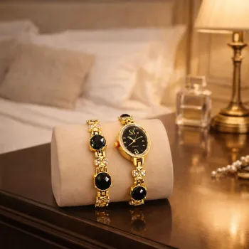 Set Ceas si Bratara pentru Dama, Finisaj Auriu cu Pietre Decorative, Elegant si Rafinat imagine