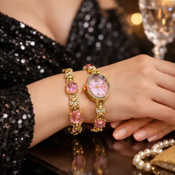 Set Ceas si Bratara pentru Dama, Finisaj Auriu cu Pietre Decorative, Elegant si Rafinat imagine