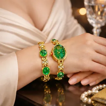 Set Ceas si Bratara pentru Dama, Finisaj Auriu cu Pietre Decorative, Elegant si Rafinat imagine