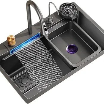 Set chiuveta bucatarie cu baterie cu dus extractibil si accesorii, culoare gri antracit imagine