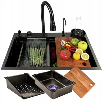 Set chiuveta bucatarie cu baterie cu dus extractibil si accesorii, dimensiune 750x460, culoare gri antracit imagine