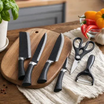 Set cutite de bucatarie 6 piese - cutite negre, foarfeca si curatator imagine