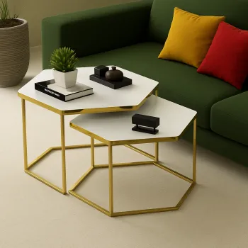 Set de 2 masute hexagonale, design Modern si Elegant cu Cadru Auriu si Blat Alb imagine