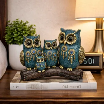 Set decorativ Bufnite Familie pe suport tip ramura - 18.6 x 14.5 cm imagine