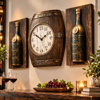 Set Decorativ de Perete Premium cu Ceas si 2 Panouri cu Sticla de Vin, Design Rustic 3D - 3 Piese imagine