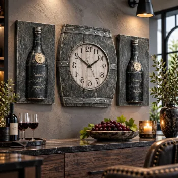 Set Decorativ de Perete Premium cu Ceas si 2 Panouri cu Sticla de Vin, Design Rustic 3D - 3 Piese imagine