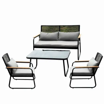 Set mobilier terasa/gradina KLUGMEISTER KJF3298, doua fotolii + canapea + masuta, cu perne incluse, culoare gri/negru imagine