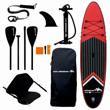Set placa gonflabila Stand Up Paddle Mesterino Aqua SUP081, 320x81x15cm, geanta de transport, vasla, pompa, scaun, lesa, kit de reparatii, culoare Abstract Negru-Rosu imagine