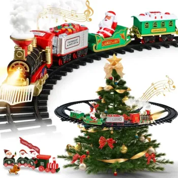 Set Tren Electric de Craciun  pentru Brad cu Fum, Lumini si Sunete, 22 Piese, Locomotiva, Vagon Carbune, Sanie Mos Craciun si Sine imagine