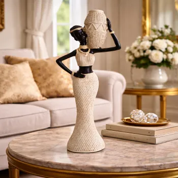 Statueta decorativa femeie africana cu vas, design elegant, rasina, stil etnic modern, decor interior premium, 28x10 cm imagine