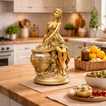 Statueta decorativa femeie eleganta, suport tip vas, rasina, finisaj auriu, design artistic premium, 30x17 cm imagine