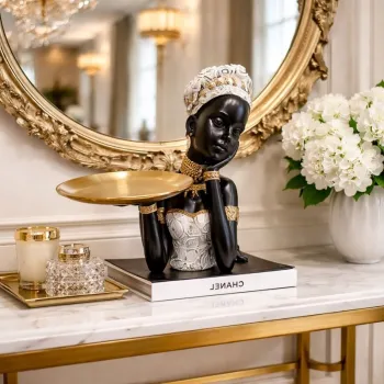 Statueta Decorativa Negresa cu Tava Aurie, 18 X 19 X 23.5 CM imagine