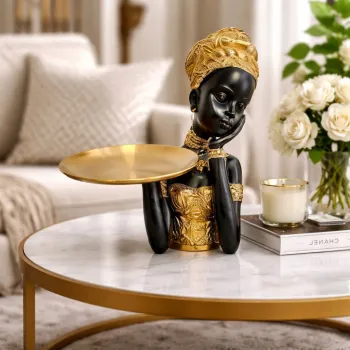 Statueta Decorativa Negresa cu Tava Aurie, 18 X 19 X 23.5 CM imagine