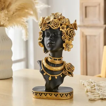 Statueta Decorativa Premium in Stil African - 3 Variante, Design Negru-Auriu cu Detalii Florale 35cm imagine