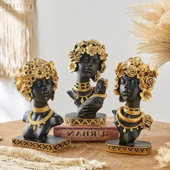 Statueta Decorativa Premium in Stil African - 3 Variante, Design Negru-Auriu cu Detalii Florale 35cm imagine