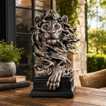 Statueta Decorativa Premium Leu din Rasina pe Soclu Finisaj Metalic Antichizat 30.5cm imagine