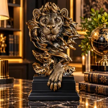 Statueta Decorativa Premium Leu din Rasina pe Soclu Finisaj Metalic Antichizat 30.5cm imagine