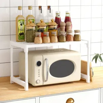 Suport cuptor microunde cu raft superior 57.5x26x31 cm, organizator bucatarie metalic, alb/negru imagine