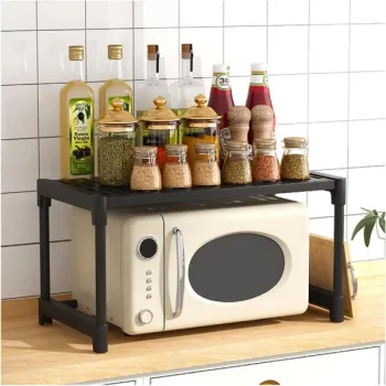 Suport cuptor microunde cu raft superior 57.5x26x31 cm, organizator bucatarie metalic, alb/negru imagine