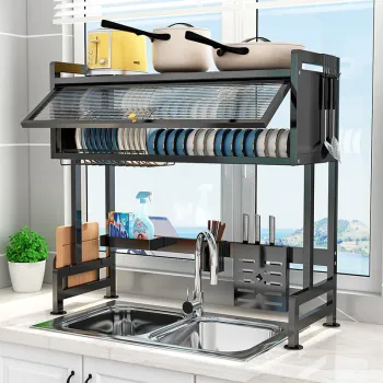 Suport de vase metalic multifunctional cu scurgator, suport pentru ustensile si tacamuri imagine