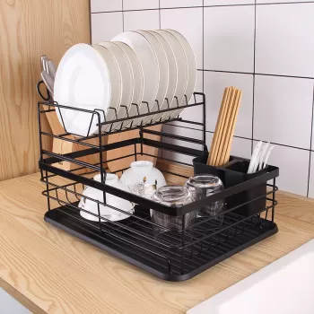 Suport de vase metalic supraetajat cu scurgator si suport tacamuri imagine