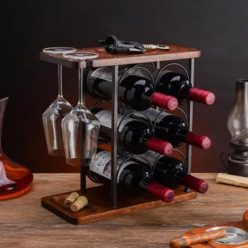Suport de Vin Premium din Lemn - Raft elegant independent pentru 9 Sticle, organizator pe 3 nivele cu tava imagine