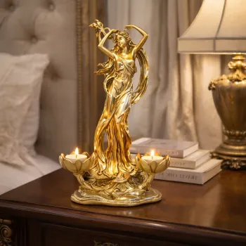 Suport decorativ lumanari, statueta femeie in miscare, rasina, finisaj auriu, design artistic lux, 30x20 cm imagine