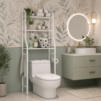 Suport depozitare peste toaleta, 3 polite, cadru metalic alb, organizator baie modern, 150 x 50 x 23 cm imagine