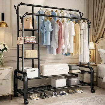 Suport Dublu de Umerase pentru Haine Stand Metalic Organizator 162x135cm Negru cu Roti imagine