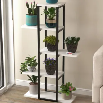 Suport flori Papatya multifunctional, etajera decorativa pentru ghivece si obiecte 40 x 120 cm, cadru metalic negru + rafturi PAL melaminat 18 mm, ideal pentru living balcon sau birou, stil industrial modern imagine