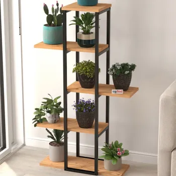Suport flori Papatya multifunctional, etajera decorativa pentru ghivece si obiecte 40 x 120 cm, cadru metalic negru + rafturi PAL melaminat 18 mm, ideal pentru living balcon sau birou, stil industrial modern imagine