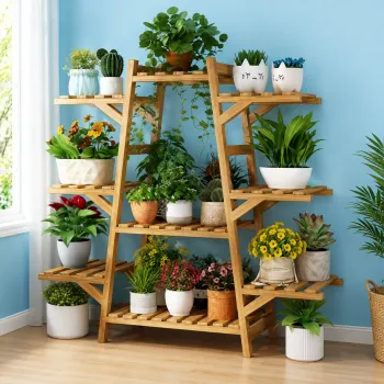 Suport pentru plante din bambus cu 9 polite, dimensiuni 87 x 23 x 95 cm, etajera decorativa pentru ghivece imagine