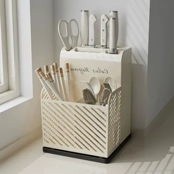 Suport ustensile bucatarie, recipient cutite, 3 compartimente, plastic, 21 x 16 x 15 cm, alb imagine