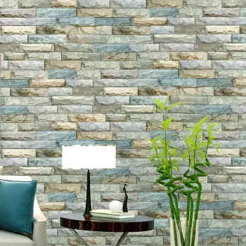 Tapet 3D caramida crem cu bleu auto-adeziv pentru interior, 70 x 77 cm imagine