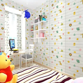 Tapet decorativ 3D autoadeziv pentru copii, model caramida cu animale si flori, 70 x 77 cm imagine