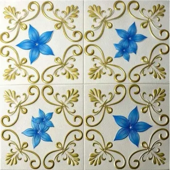 Tapet decorativ 3D cu flori albastre si ornamente aurii - 70 x 70 cm imagine