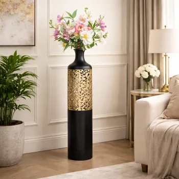 Vaza decorativa eleganta negru mat cu insertie aurie 15.5 x 73 cm imagine