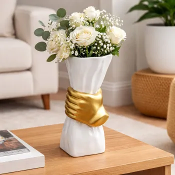 Vaza decorativa moderna, design artistic cu mana aurie, rasina, alb si negru, decor interior premium, 30x14 cm imagine